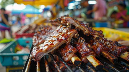 A high-angle shot of grilled pork spare ribs on a platter, with colorful market stalls in the backgroundの素材
