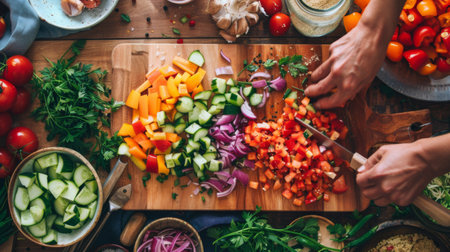 A top-down view of a colorful assortment of vegetables being chopped on a cutting board for a stir-fryの素材