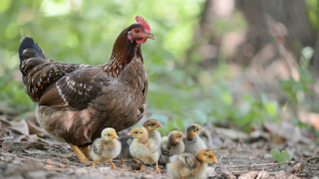 A hen with her newly hatched chicks, proudly showing them off to the worldの素材