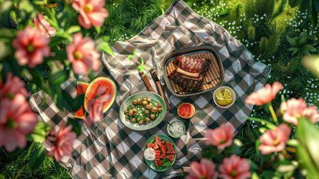 A picnic scene with pork spare ribs, potato salad, and watermelon slices laid out on a checkered blanket in a parkの素材