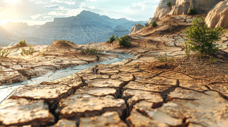 An image of a cracked desert landscape with dried-up riverbeds, demonstrating the expansion of arid regions due to climate changeの素材