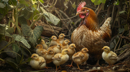 A mother hen clucking softly to her chicks as they huddle around her for protectionの素材