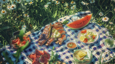 A picnic scene with pork spare ribs, potato salad, and watermelon slices laid out on a checkered blanket in a parkの素材