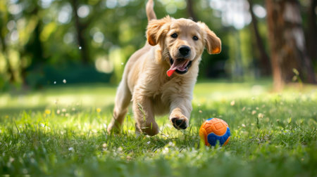 A playful golden retriever puppy chasing a ball in a grassy park, tongue out and tail waggingの素材