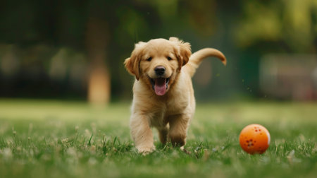 A playful golden retriever puppy chasing a ball in a grassy park, tongue out and tail waggingの素材