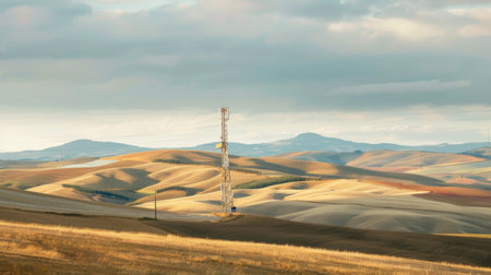 A telephone signal tower surrounded by rolling hills and farmland, linking rural communitiesの素材