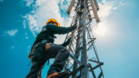 A technician performing safety checks on equipment installed on a telephone signal towerの素材
