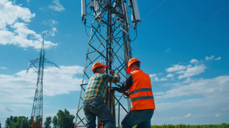 A telecommunications team working together to erect a new telephone signal tower in a rural areaの素材