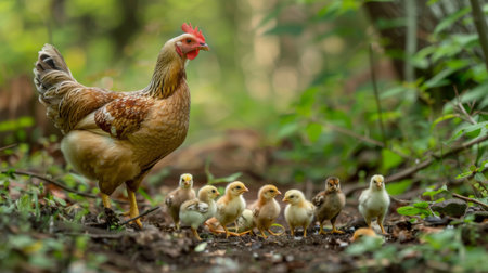 A mother hen keeping watch over her chicks as they peck at the ground for insectsの素材