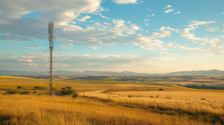 A rural landscape with a telephone signal tower standing amidst fields, connecting communitiesの素材
