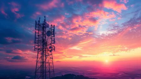 A telephone signal tower at sunrise, symbolizing the dawn of a new day of connectivity and communicationの素材