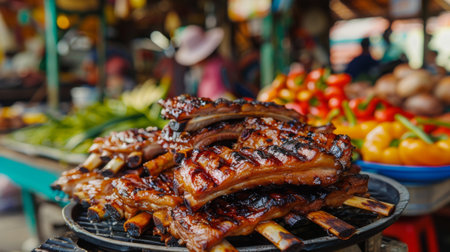 A high-angle shot of grilled pork spare ribs on a platter, with colorful market stalls in the backgroundの素材