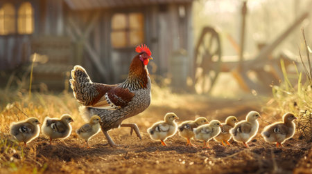 A mother hen leading her chicks in a line as they explore their surroundings in a barnyardの素材