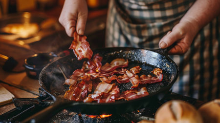 A person frying crispy bacon strips in a cast iron skillet, the aroma filling the kitchenの素材