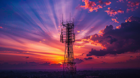 A telephone signal tower at sunrise, symbolizing the dawn of a new day of connectivity and communicationの素材