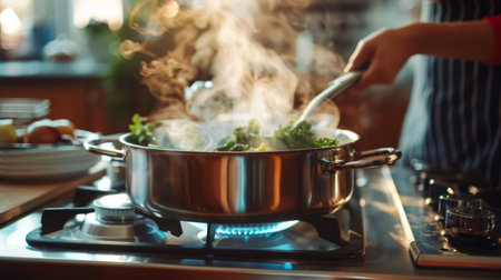 A woman cooking a healthy meal in a stainless steel pot on a gas stove, steam risingの素材