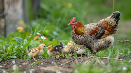 A mother hen keeping watch over her chicks as they peck at the ground for insectsの素材