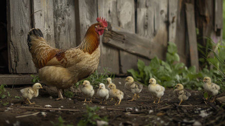A mother hen leading her chicks in a line as they explore their surroundings in a barnyardの素材