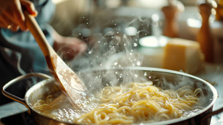 A woman cooking pasta in a boiling pot of water, stirring the noodles with a wooden spoonの素材