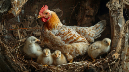 A mother hen roosting with her chicks under her wings as they settle in for the nightの素材