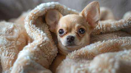 A tiny Chihuahua puppy snuggled up in a cozy blanket, looking up with big, innocent eyesの素材