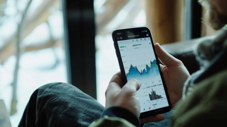 An investor studying a stock market graph on a smartphone app, tracking the performance of their portfolioの素材