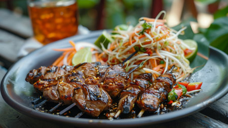 A plate of grilled pork neck served with a side of spicy papaya salad, creating a classic Thai street food combinationの素材