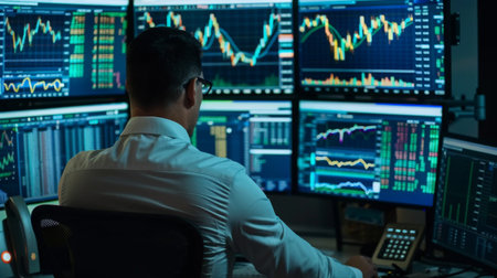 A trader analyzing stock market graphs and charts on multiple computer screens in a trading roomの素材