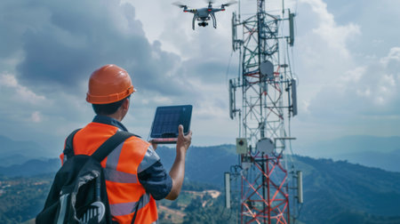 A telecommunications engineer using a drone to inspect a telephone signal tower for maintenanceの素材