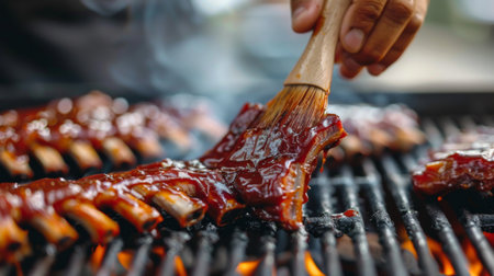 Close-up of a chef's hand basting pork spare ribs with BBQ sauce on a grill, with sizzling soundsの素材