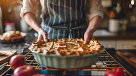 A woman baking a homemade pie in a ceramic pie dish, placing it in the oven with careの素材