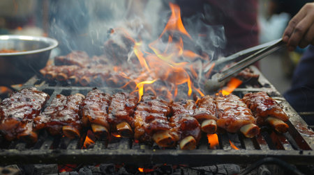 A street food vendor grilling pork spare ribs on a charcoal grill, with smoke billowing and flames licking the meatの素材