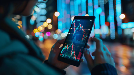 An investor studying a stock market graph on a smartphone app, tracking the performance of their portfolioの素材