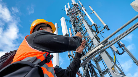 A telecommunications worker adjusting antennas on a telephone signal tower for optimal performanceの素材