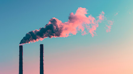 Smokestacks emitting pollutants into the atmosphere, contributing to the greenhouse effect and global warmingの素材