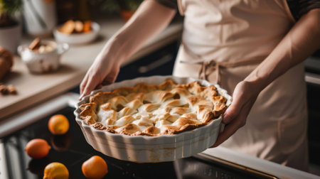 A woman baking a homemade pie in a ceramic pie dish, placing it in the oven with careの素材