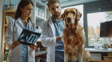 A veterinarian showing an x-ray image to a concerned pet owner for diagnosisの素材