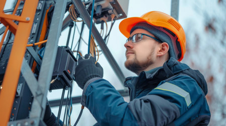 A technician performing safety checks on equipment installed on a telephone signal towerの素材