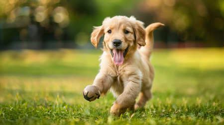 A playful golden retriever puppy chasing a ball in a grassy park, tongue out and tail waggingの素材