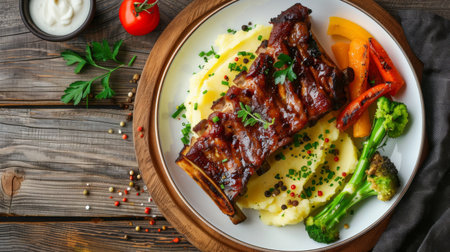 A plate of grilled pork spare ribs served with mashed potatoes and steamed vegetables, on a rustic wooden tableの素材