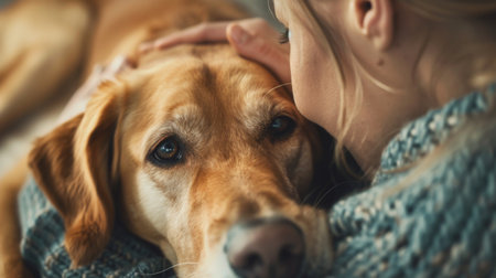 A veterinarian comforting a nervous dog with a gentle touch during a check-upの素材