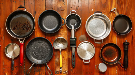 A top-down view of a variety of kitchen pots and pans neatly arranged on a wooden countertopの素材