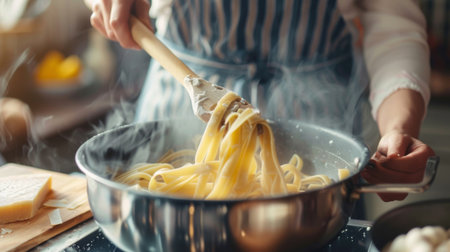 A woman cooking pasta in a boiling pot of water, stirring the noodles with a wooden spoonの素材