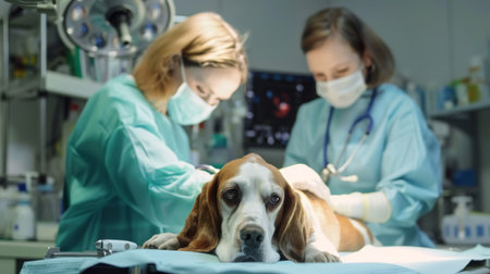 A veterinary team performing surgery on a pet with focused concentrationの素材
