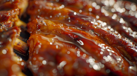 Close-up of juicy oven-roasted pork spare ribs, caramelized and sticky from a honey glazeの素材