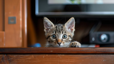A curious kitten peering from behind a TV stand, trying to get a better view of the screen.の素材