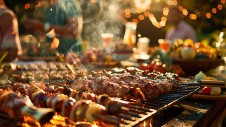 A barbecue party with grilled pork neck as the main attraction, surrounded by friends and festive decorationsの素材