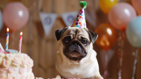 A cute pug puppy wearing a party hat, sitting at a birthday celebration with a doggy cakeの素材