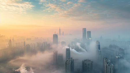 A panorama of a city skyline blanketed by smog, illustrating the impact of air pollution on urban environmentsの素材