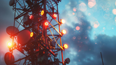 A close-up of antennas and equipment on a telephone signal tower, transmitting signals to mobile devicesの素材